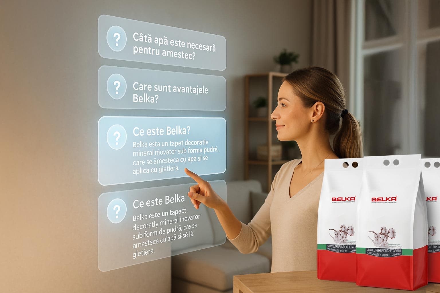Întrebări frecvente tapet Belka – femeie aplicând tapet decorativ Belka pe perete cu o mistrie transparentă, într-un interior modern.