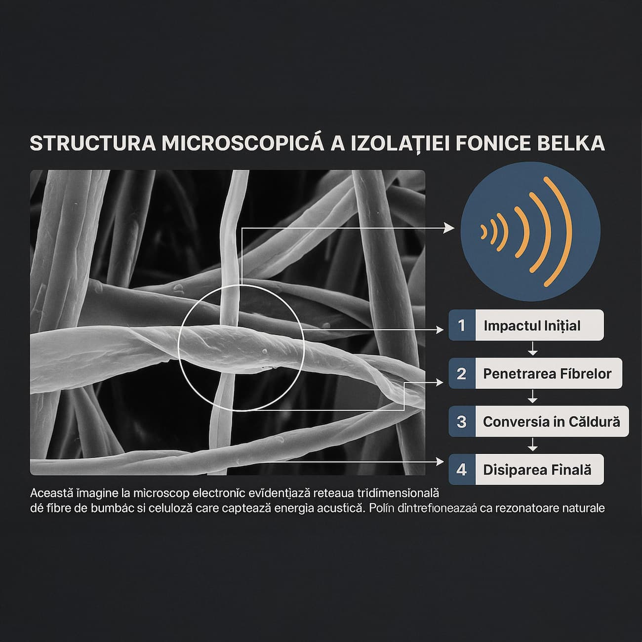 Structura microscopică a izolației fonice Belka cu fibre de bumbac și celuloză văzută la microscop electronic, explicând procesul de absorbție a sunetului în 4 pași.
