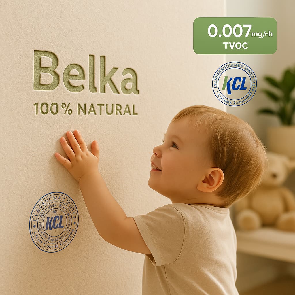 Copil mic atinge un perete cu tapet natural Belka, certificat KCL, cu emisii VOC de doar 0.007 mg/m²·h – sigur pentru sănătatea familiei.