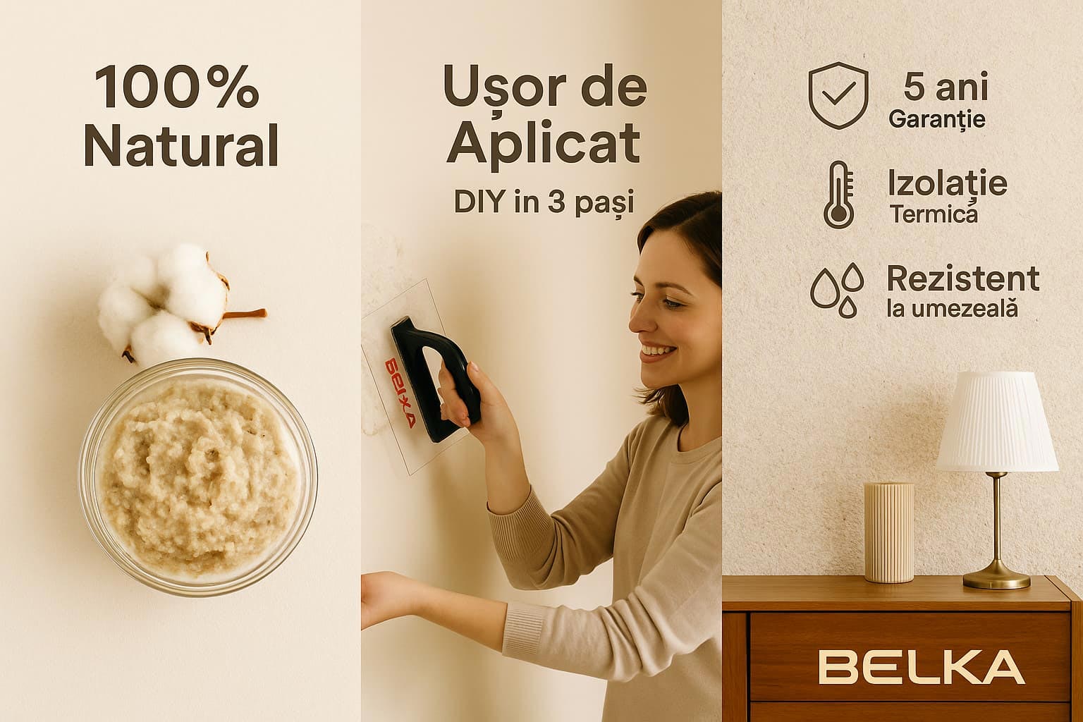 Trei avantaje ale tapetului Belka prezentate vizual: compoziție naturală, aplicare DIY și perete decorat cu textură de bumbac.